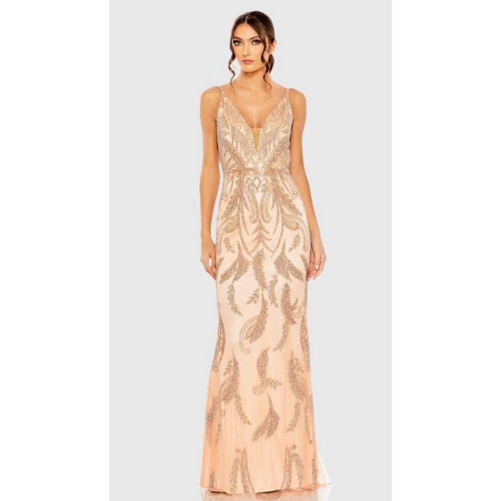 Mac Duggal Gown Dress Size 10 V Neck Sequined Beaded Embellished 6015 $598
